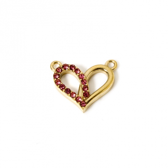 Bild von 1 Stück Umweltfreundliche PVD-Vakuumbeschichtung 304 Edelstahl Valentinstag Steckverbinder Charms Anhänger Herz 14K Echtgold plattiert Rot mit Zirkon 16mm x 13mm