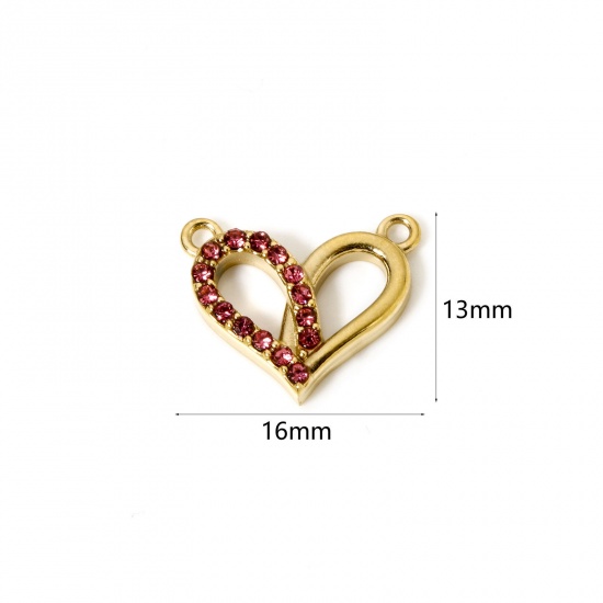 Bild von 1 Stück Umweltfreundliche PVD-Vakuumbeschichtung 304 Edelstahl Valentinstag Steckverbinder Charms Anhänger Herz 14K Echtgold plattiert Rot mit Zirkon 16mm x 13mm