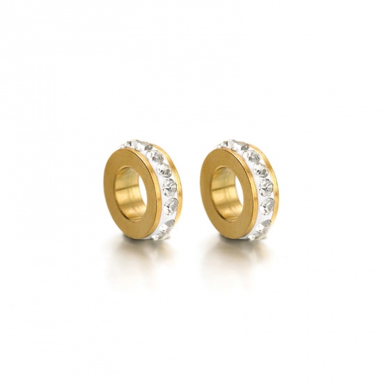 Picture of 2 PCs Eco-friendly Vacuum Plating 304 Stainless Steel European Style Large Hole Charm Beads Gold Plated Round Clear Rhinestone 11mm Dia., Hole: Approx 5.5mm