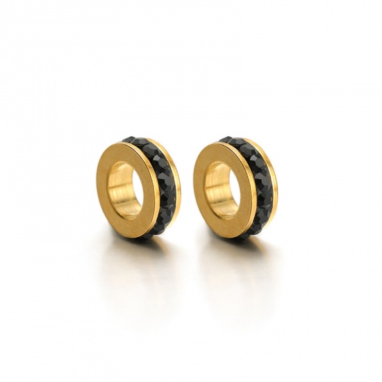 Picture of 2 PCs Eco-friendly Vacuum Plating 304 Stainless Steel European Style Large Hole Charm Beads Gold Plated Round Black Rhinestone 11mm Dia., Hole: Approx 5.5mm