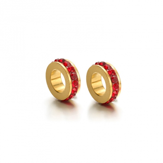 Picture of 2 PCs Eco-friendly Vacuum Plating 304 Stainless Steel European Style Large Hole Charm Beads Gold Plated Round Red Rhinestone 11mm Dia., Hole: Approx 5.5mm