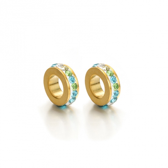Picture of 2 PCs Eco-friendly Vacuum Plating 304 Stainless Steel European Style Large Hole Charm Beads Gold Plated Round Multicolor Rhinestone 11mm Dia., Hole: Approx 5.5mm