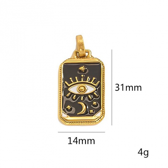 Immagine di 1 Pz Placcatura Sottovuoto Ecologica 304 Acciaio Inossidabile Tarocchi Ciondoli Pendenti Rettangolo Placcato Oro 18K Nero Occhi Smalto 3.1cm x 1.4cm