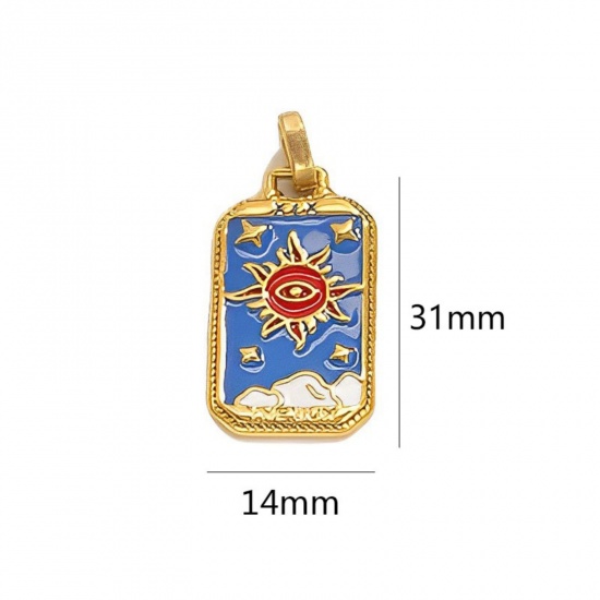 Immagine di 1 Pz Placcatura Sottovuoto Ecologica 304 Acciaio Inossidabile Tarocchi Ciondoli Pendenti Rettangolo Placcato Oro 18K Blu Sole Smalto 3.1cm x 1.4cm