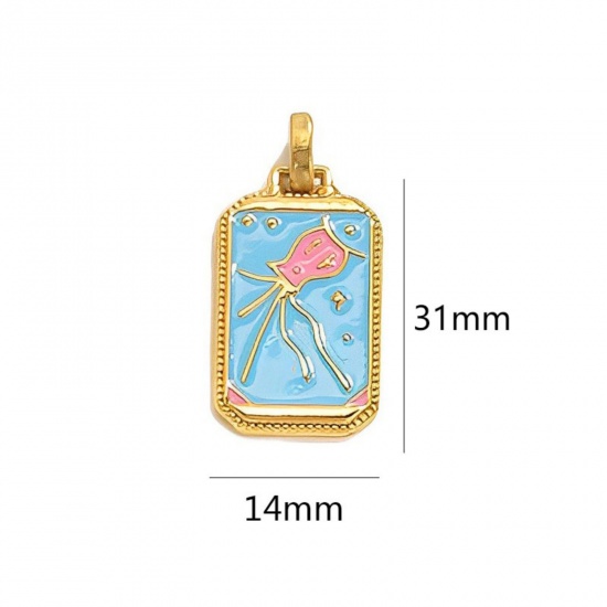 Immagine di 1 Pz Placcatura Sottovuoto Ecologica 304 Acciaio Inossidabile Tarocchi Ciondoli Pendenti Rettangolo Placcato Oro 18K Azzurro Smalto 3.1cm x 1.4cm
