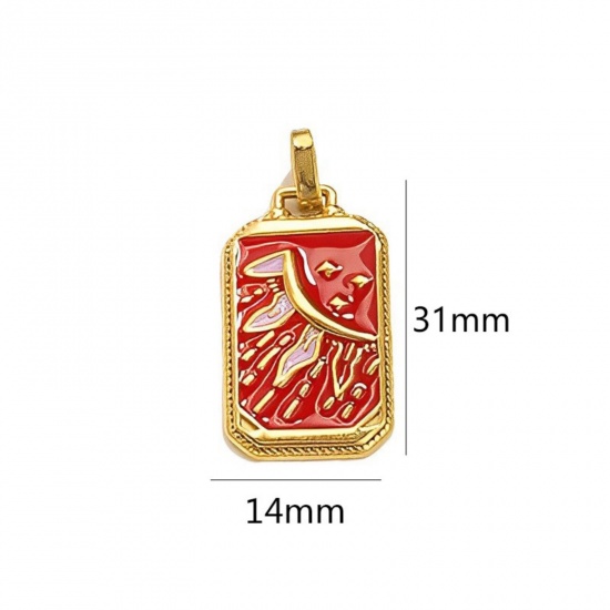 Immagine di 1 Pz Placcatura Sottovuoto Ecologica 304 Acciaio Inossidabile Tarocchi Ciondoli Pendenti Rettangolo Placcato Oro 18K Rosso Luna Smalto 3.1cm x 1.4cm
