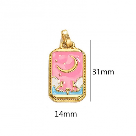 Immagine di 1 Pz Placcatura Sottovuoto Ecologica 304 Acciaio Inossidabile Tarocchi Ciondoli Pendenti Rettangolo Placcato Oro 18K Rosa Luna Smalto 3.1cm x 1.4cm