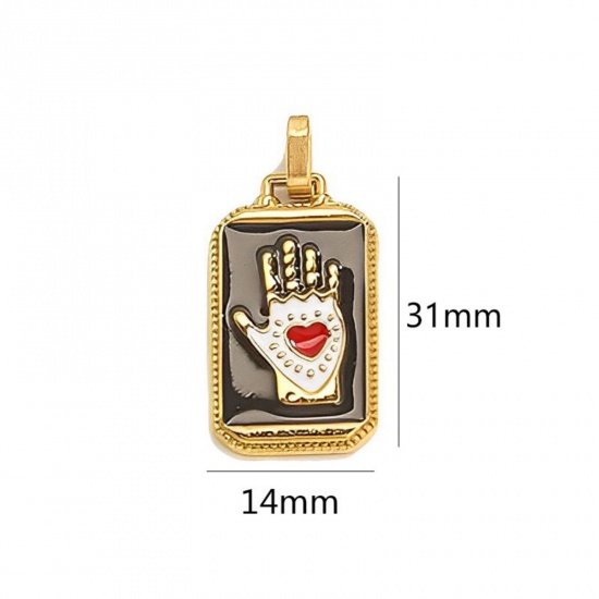 Immagine di 1 Pz Placcatura Sottovuoto Ecologica 304 Acciaio Inossidabile Tarocchi Ciondoli Pendenti Rettangolo Placcato Oro 18K Nero Palmo Smalto 3.1cm x 1.4cm