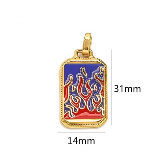 Immagine di 1 Pz Placcatura Sottovuoto Ecologica 304 Acciaio Inossidabile Tarocchi Ciondoli Pendenti Rettangolo Placcato Oro 18K Blu Scuro Fiamma Fuoco Smalto 3.1cm x 1.4cm