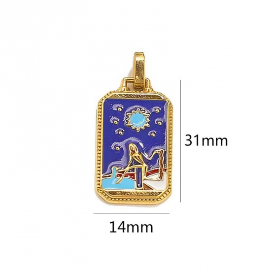 Immagine di 1 Pz Placcatura Sottovuoto Ecologica 304 Acciaio Inossidabile Tarocchi Ciondoli Pendenti Rettangolo Placcato Oro 18K Blu Scuro Ragazza Smalto 3.1cm x 1.4cm