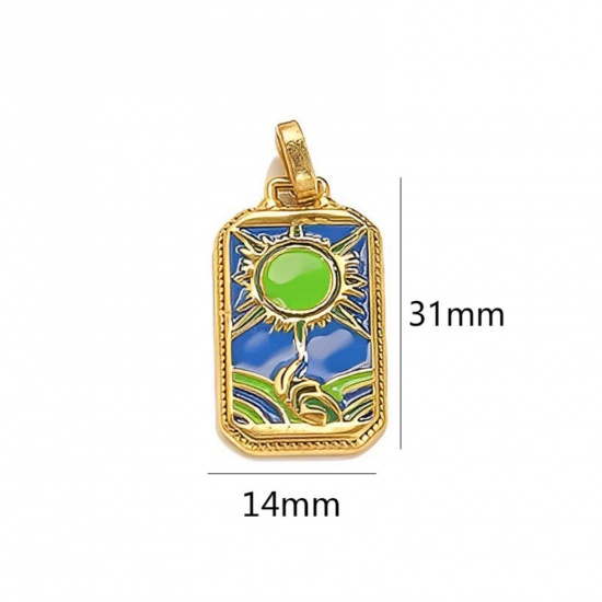 Immagine di 1 Pz Placcatura Sottovuoto Ecologica 304 Acciaio Inossidabile Tarocchi Ciondoli Pendenti Rettangolo Placcato Oro 18K Blu Sole Smalto 3.1cm x 1.4cm