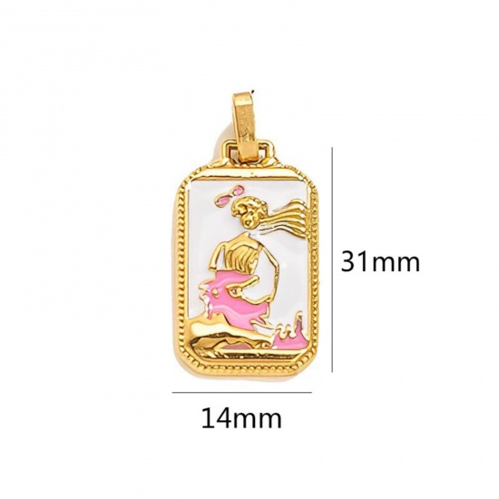 Immagine di 1 Pz Placcatura Sottovuoto Ecologica 304 Acciaio Inossidabile Tarocchi Ciondoli Pendenti Rettangolo Placcato Oro 18K Bianco Ragazza Smalto 3.1cm x 1.4cm