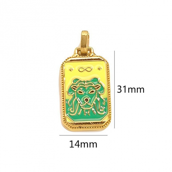 Immagine di 1 Pz Placcatura Sottovuoto Ecologica 304 Acciaio Inossidabile Tarocchi Ciondoli Pendenti Rettangolo Placcato Oro 18K Giallo Pallido & Verde Leone Smalto 3.1cm x 1.4cm
