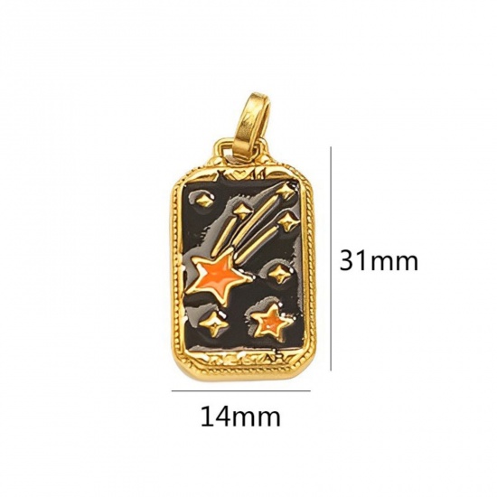 Immagine di 1 Pz Placcatura Sottovuoto Ecologica 304 Acciaio Inossidabile Tarocchi Ciondoli Pendenti Rettangolo Placcato Oro 18K Nero Stella Smalto 3.1cm x 1.4cm