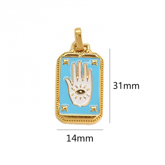 Immagine di 1 Pz Placcatura Sottovuoto Ecologica 304 Acciaio Inossidabile Tarocchi Ciondoli Pendenti Rettangolo Placcato Oro 18K Azzurro Mano Simbolo di Hamsa Smalto 3.1cm x 1.4cm