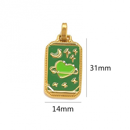 Immagine di 1 Pz Placcatura Sottovuoto Ecologica 304 Acciaio Inossidabile Tarocchi Ciondoli Pendenti Rettangolo Placcato Oro 18K Verde Cuore Smalto 3.1cm x 1.4cm