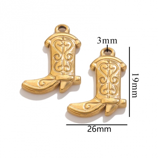 Immagine di 2 Pz Placcatura Sottovuoto Ecologica 304 Acciaio Inossidabile Abiti Ciondoli Stivale Placcato Oro 18K 26mm x 19mm