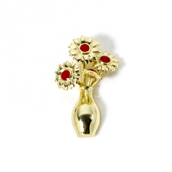 Bild von 1 Stück Messing Flora Kollektion Anhänger 18K Vergoldet Rot Emaille Sonnenblume Blumenvasen 3cm x 1.8cm