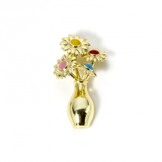 Bild von 1 Stück Messing Flora Kollektion Anhänger 18K Vergoldet Bunt Emaille Sonnenblume Blumenvasen 3cm x 1.8cm