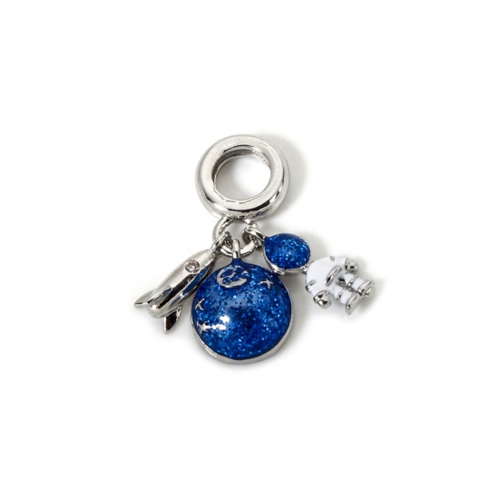 Bild von 1 Stück Messing Galaxis Baumelnde Charm-Perlen für die Herstellung von Armbändern, Halsketten und Schmuck Platin Plattiert Blau Emaille Planet Astronaut Klar Kubischer Zirkon 23mm