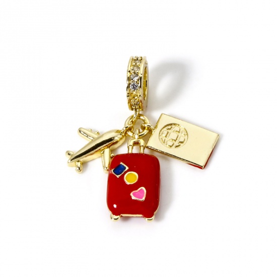 Bild von 1 Stück Messing Reise Baumelnde Charm-Perlen für die Herstellung von Armbändern, Halsketten und Schmuck 18K Vergoldet Rot Emaille Reisetrolley Flugzeug Klar Kubischer Zirkon 3.2cm