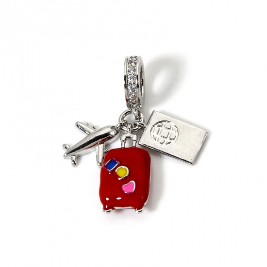 Bild von 1 Stück Messing Reise Baumelnde Charm-Perlen für die Herstellung von Armbändern, Halsketten und Schmuck Platin Plattiert Rot Emaille Reisetrolley Flugzeug Klar Kubischer Zirkon 3.2cm