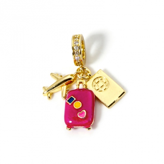 Bild von 1 Stück Messing Reise Baumelnde Charm-Perlen für die Herstellung von Armbändern, Halsketten und Schmuck 18K Vergoldet Fuchsie Emaille Reisetrolley Flugzeug Klar Kubischer Zirkon 3.2cm