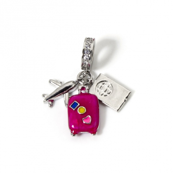 Bild von 1 Stück Messing Reise Baumelnde Charm-Perlen für die Herstellung von Armbändern, Halsketten und Schmuck Platin Plattiert Fuchsie Emaille Reisetrolley Flugzeug Klar Kubischer Zirkon 3.2cm