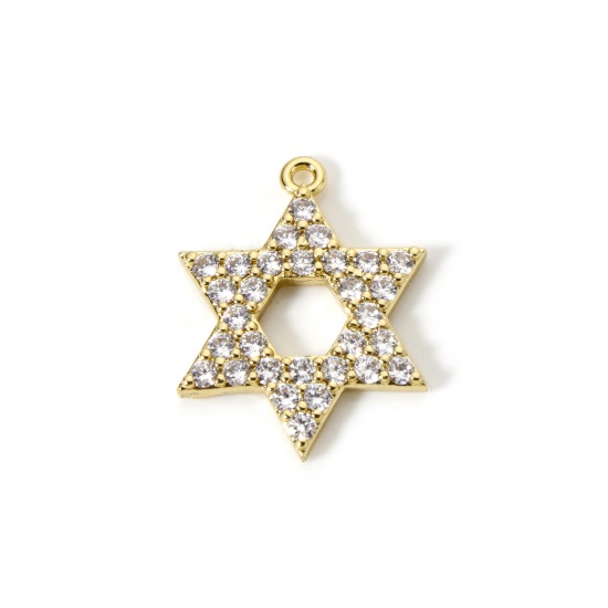 Picture of 1 Piece Brass Religious Charms 18K Gold Plated Star Of David Hexagram Micro Pave Clear Cubic Zirconia 23mm x 18mm