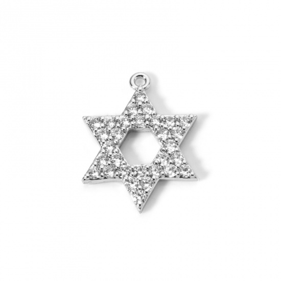 Picture of 1 Piece Brass Religious Charms Platinum Plated Star Of David Hexagram Micro Pave Clear Cubic Zirconia 23mm x 18mm