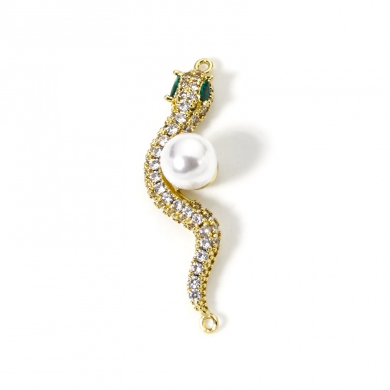Image de 1 Pièce Connecteurs Pendentifs Breloques en Laiton Plaqué Or 18K Blanc Serpent Perle Imitation Acrylique à Zircone Cubique Clair 4.1cm x 1.1cm