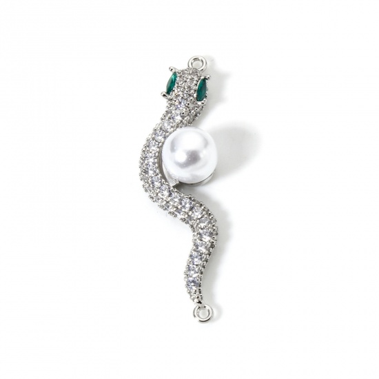 Image de 1 Pièce Connecteurs Pendentifs Breloques en Laiton Plaqué Platine Blanc Serpent Perle Imitation Acrylique à Zircone Cubique Clair 4.1cm x 1.1cm