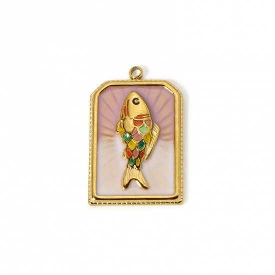 Image de 1 Pièce Pendentifs en 304 Acier Inoxydable Revêtement sous Vide PVD Respectueux de l'Environnement Bijoux d'Océan Hexagone Plaqué Or Véritable 18K Beige Clair Émail Poisson 28mm x 18mm
