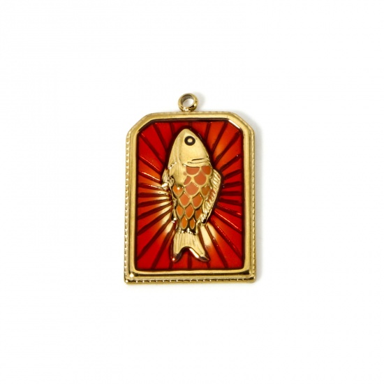 Image de 1 Pièce Breloques en 304 Acier Inoxydable Revêtement sous Vide PVD Respectueux de l'Environnement Bijoux d'Océan Hexagone Plaqué Or Véritable 18K Rouge Émail Poisson 28mm x 18mm