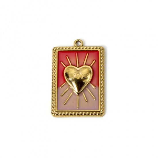 Image de 1 Pièce Breloques en 304 Acier Inoxydable Revêtement sous Vide PVD Respectueux de l'Environnement La Saint Valentin Rectangle Plaqué Or Véritable 18K Fuchsia Émail Cœur 28mm x 18mm