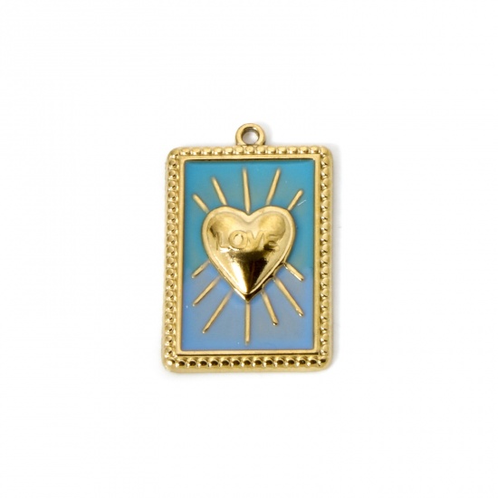 Image de 1 Pièce Breloques en 304 Acier Inoxydable Revêtement sous Vide PVD Respectueux de l'Environnement La Saint Valentin Rectangle Plaqué Or Véritable 18K Bleu Lac Émail Cœur Gravé Mots" LOVE " 28mm x 18mm