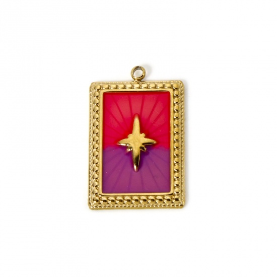 Image de 1 Pièce Breloques en 304 Acier Inoxydable Revêtement sous Vide PVD Respectueux de l'Environnement Galaxie Rectangle Plaqué Or Véritable 18K Fuchsia Émail Etoile 28mm x 18mm