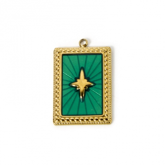 Image de 1 Pièce Breloques en 304 Acier Inoxydable Revêtement sous Vide PVD Respectueux de l'Environnement Galaxie Rectangle Plaqué Or Véritable 18K Vert Émail Etoile 28mm x 18mm