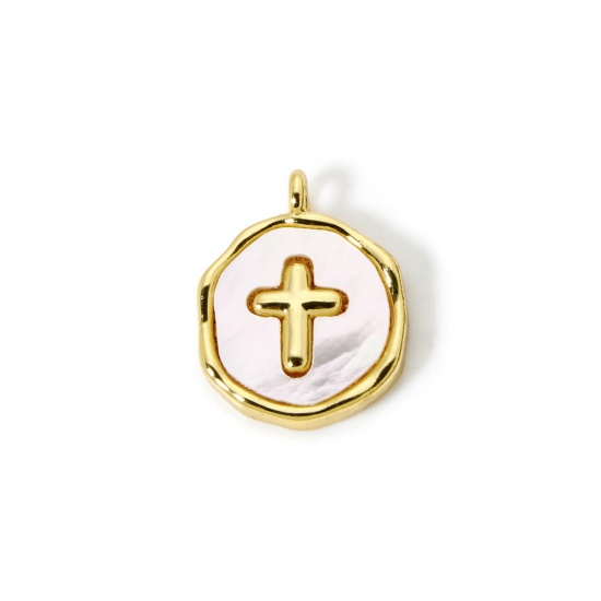 Immagine di 1 Pz Conchiglie Naturali & Ottone Religione Ciondoli Placcato Oro 18K Bianco Tondo Disco Croce 15mm x 12mm