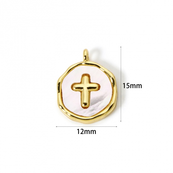 Immagine di 1 Pz Conchiglie Naturali & Ottone Religione Ciondoli Placcato Oro 18K Bianco Tondo Disco Croce 15mm x 12mm