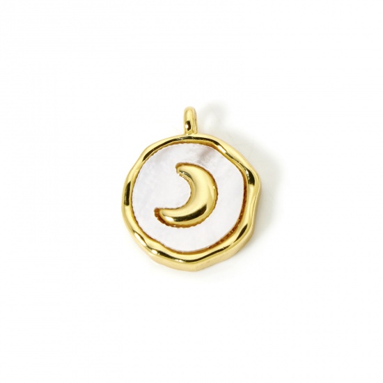 Immagine di 1 Pz Conchiglie Naturali & Ottone Galassia Ciondoli Placcato Oro 18K Bianco Tondo Disco Luna 15mm x 12mm