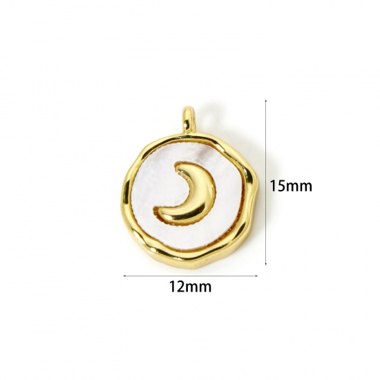 Immagine di 1 Pz Conchiglie Naturali & Ottone Galassia Ciondoli Placcato Oro 18K Bianco Tondo Disco Luna 15mm x 12mm