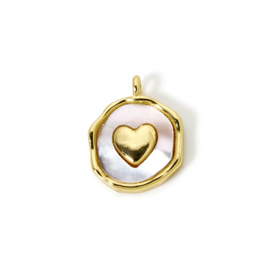 Immagine di 1 Pz Conchiglie Naturali & Ottone San Valentino Ciondoli Placcato Oro 18K Bianco Tondo Disco Cuore 15mm x 12mm