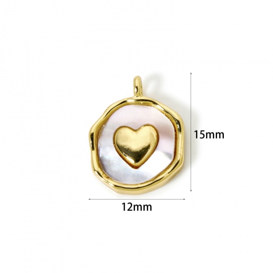 Immagine di 1 Pz Conchiglie Naturali & Ottone San Valentino Ciondoli Placcato Oro 18K Bianco Tondo Disco Cuore 15mm x 12mm