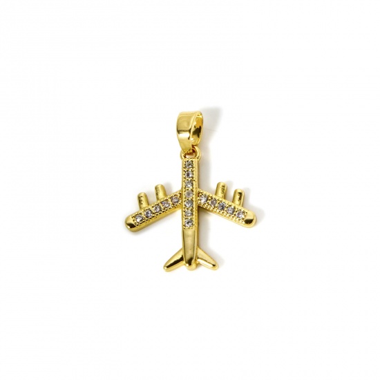 Image de 2 Pcs Pendentif Breloque Voyage Respectueux de la Nature en Laiton Plaqué Or Véritable 18K Avion Micro Pave à Zircone Cubique Clair 22mm x 18mm