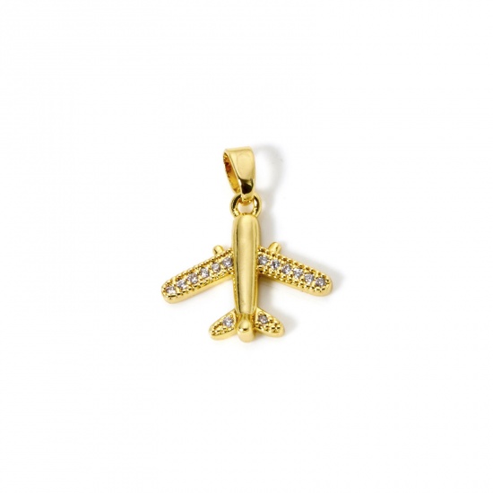 Image de 2 Pcs Pendentif Breloque Voyage Respectueux de la Nature en Laiton Plaqué Or Véritable 18K Avion Micro Pave à Zircone Cubique Clair 20mm x 17mm