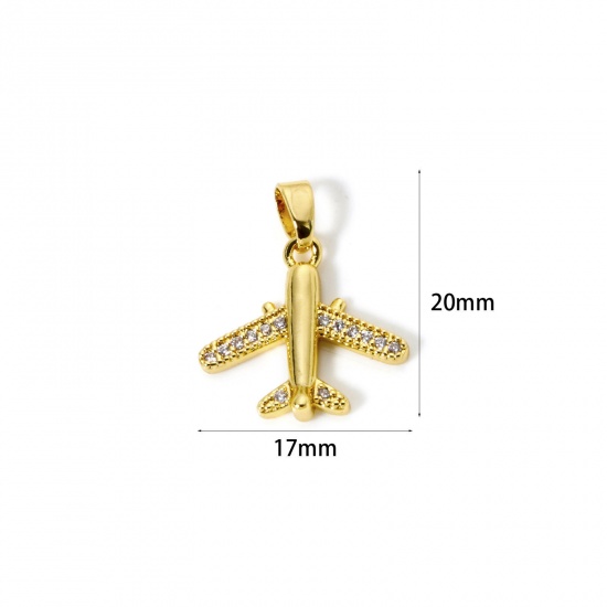 Image de 2 Pcs Pendentif Breloque Voyage Respectueux de la Nature en Laiton Plaqué Or Véritable 18K Avion Micro Pave à Zircone Cubique Clair 20mm x 17mm