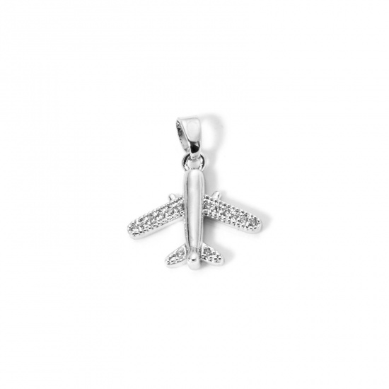 Image de 2 Pcs Pendentif Breloque Voyage Respectueux de la Nature en Laiton Plaqué Platine Véritable Avion Micro Pave à Zircone Cubique Clair 20mm x 17mm