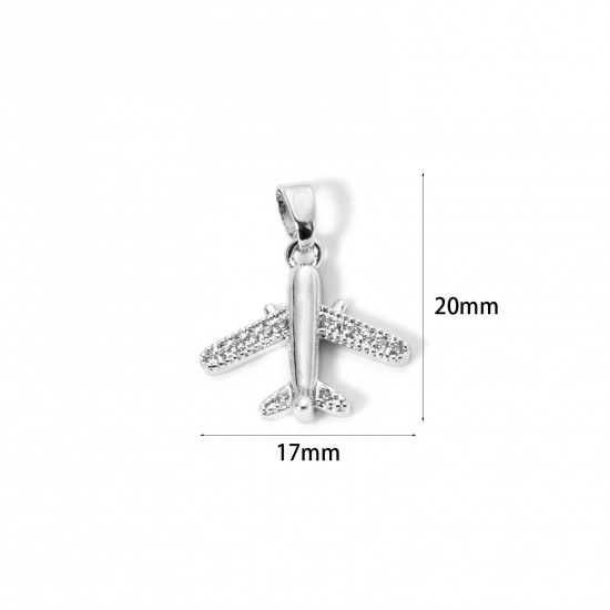 Image de 2 Pcs Pendentif Breloque Voyage Respectueux de la Nature en Laiton Plaqué Platine Véritable Avion Micro Pave à Zircone Cubique Clair 20mm x 17mm