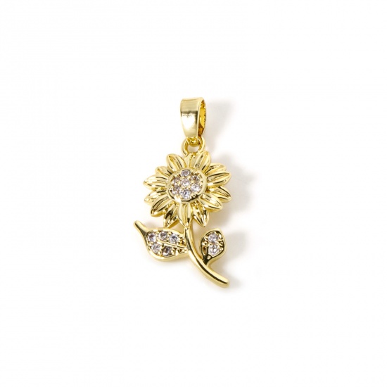 Bild von 2 Stück Umweltfreundlich Messing Flora Kollektion Charms 18K Echtgold plattiert Sonnenblume Micro Pave Klar Kubischer Zirkon 25mm x 12mm